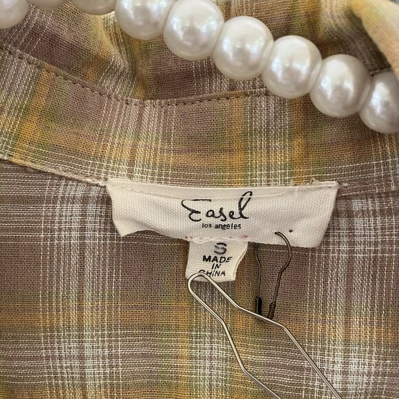 Easel Oversized Plaid Pullover Shirt Womens S Raw Hem Distressed Boho Hippie - Picture 2 of 12